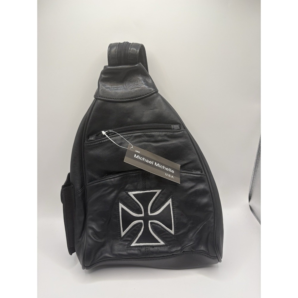 Michael Michelle Women's Genuine Black Leather Biker Backpack Chopper Emblem NWT